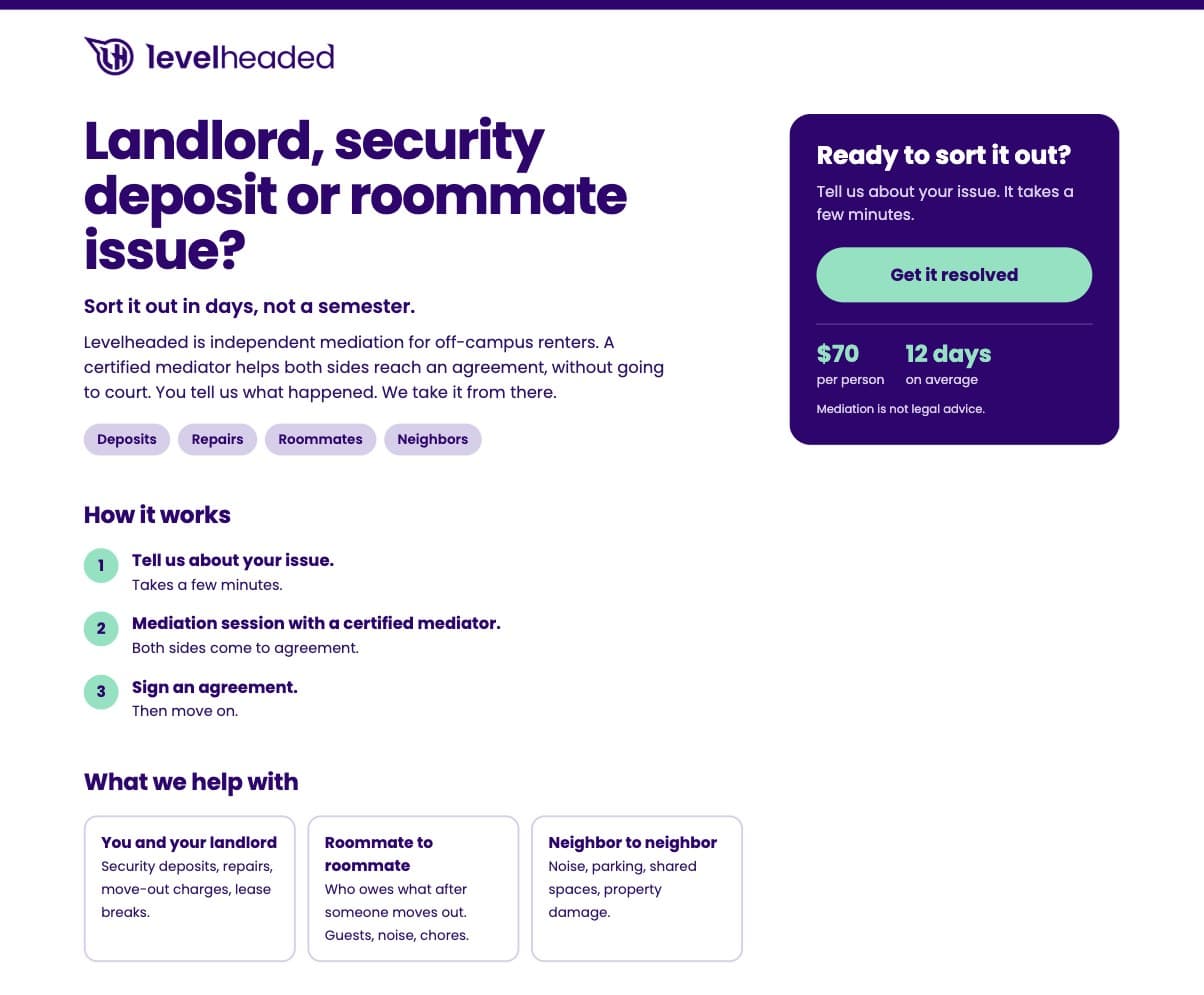 Levelheaded campus landing page, live